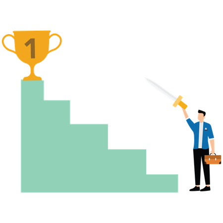 Businessman holding sword and pointing champion trophy at top of stairs  Illustration