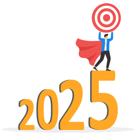 Businessman holding target and walking up on 2025  Illustration