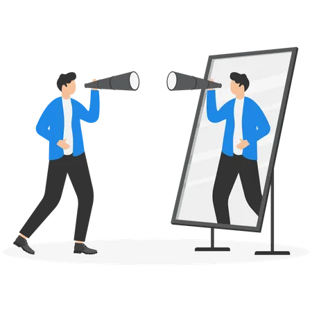 Businessman holding telescope and reflecting in mirror  Illustration