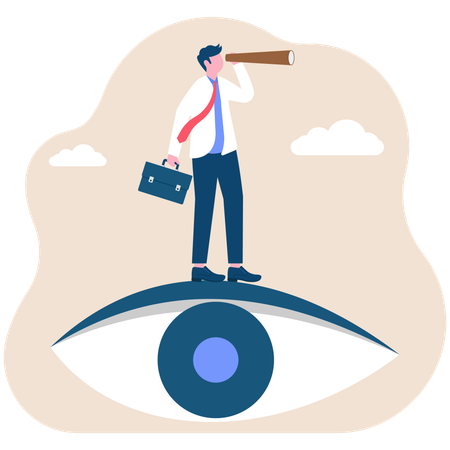 Businessman holding telescope standing inside eyes looking into distance  Illustration