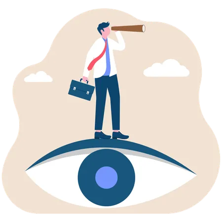 Businessman holding telescope standing inside eyes looking into distance  Illustration