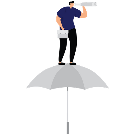 Businessman holding telescope standing on an umbrella  Illustration