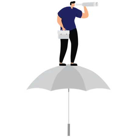 Businessman holding telescope standing on an umbrella  Illustration