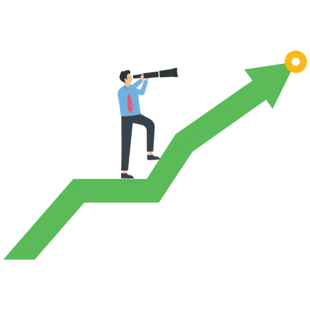 Businessman holding telescope standing on arrow looking into distance  Illustration
