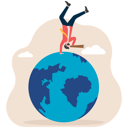 Businessman holding telescope standing upside down on earth  Illustration