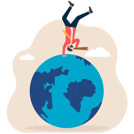 Businessman holding telescope standing upside down on earth  Illustration