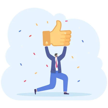 Happy Businessman With Prize Thumbs Up Sign Businessman Holds The Prize Over Head Likes And Positive Feedback Concepts Vector Illustration Flat Illustration