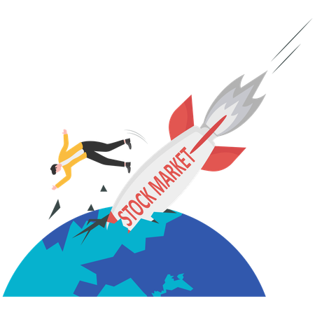 Businessman holding tightly to rocket labeled Stock Market as it rapidly dives downwards  Illustration
