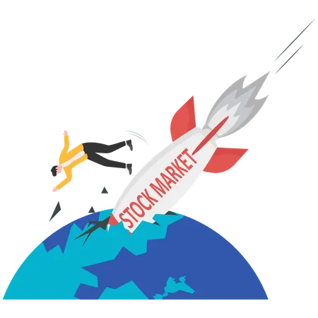 Businessman holding tightly to rocket labeled Stock Market as it rapidly dives downwards  Illustration