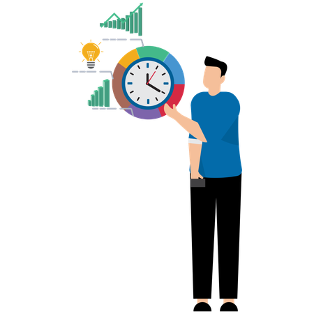 Businessman holding time clock with pie chart routine  Illustration