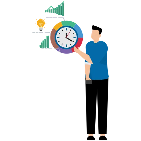 Businessman holding time clock with pie chart routine  Illustration