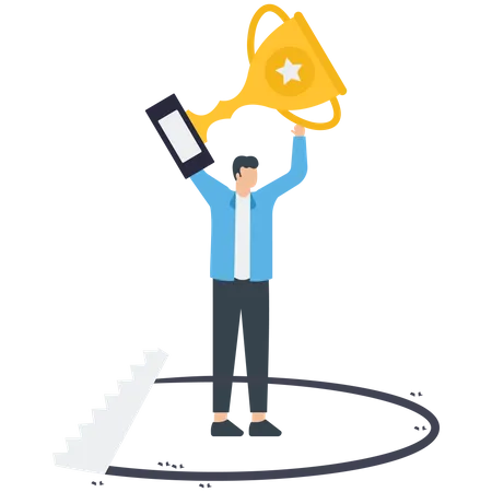 Businessman holding Trophy and Competitor try to down the businessman  Illustration