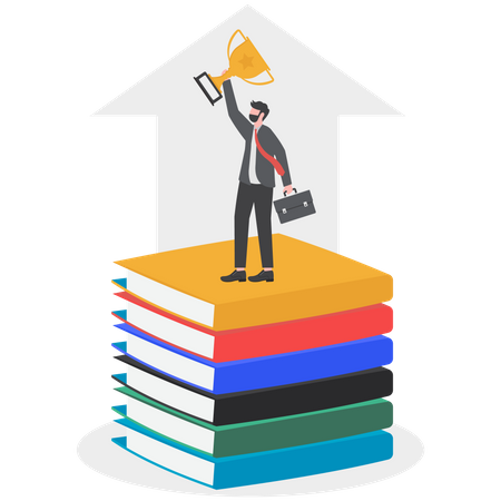 Businessman holding trophy standing on pile of books and knowledge  イラスト