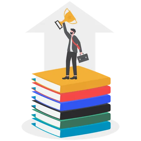 Businessman holding trophy standing on pile of books and knowledge  Illustration