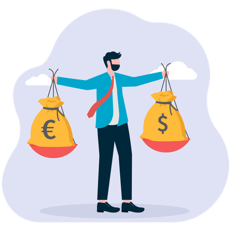 Businessman holding two different currencies bag  Illustration