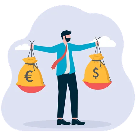 Businessman holding two different currencies bag  Illustration
