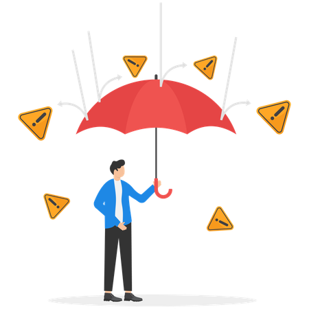 Businessman holding umbrella for protecting from falling danger signs  Illustration