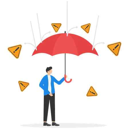 Businessman holding umbrella for protecting from falling danger signs  Illustration