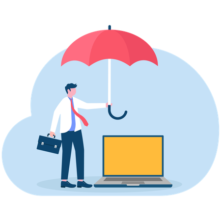 Businessman holding umbrella protect laptop with data  Illustration