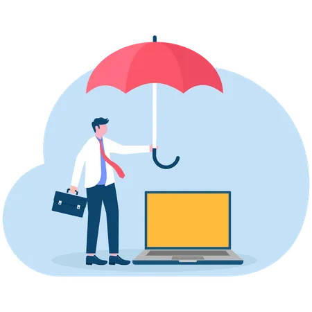 Businessman holding umbrella protect laptop with data  Illustration