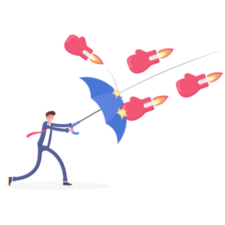 Businessman Holding Umbrella Protects From Boxing Gloves Illustration Vector Cartoon Illustration