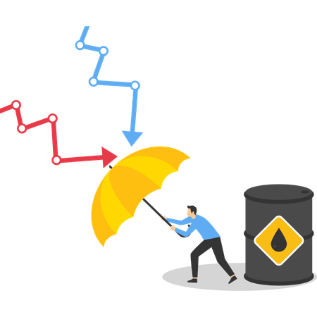 Businessman holding umbrella to cover and protect from downturn arrow  Illustration