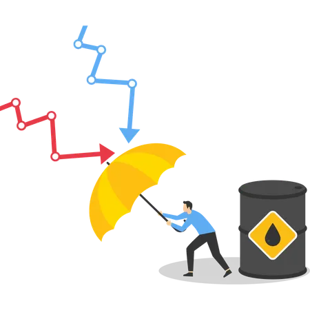 Businessman holding umbrella to cover and protect from downturn arrow  Illustration