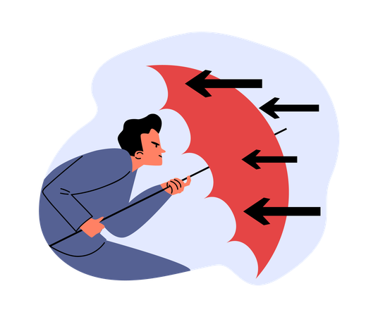 Businessman holding umbrella to cover and protect from flying arrows  Illustration