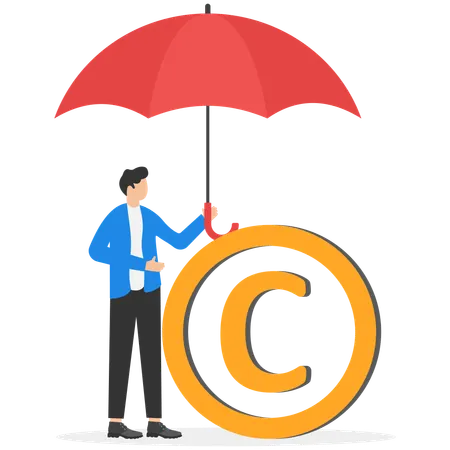 Businessman holding umbrella to protect copyright  Illustration