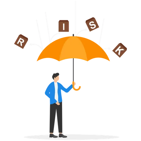 Businessman holding umbrella to protect himself against RISK words  Illustration