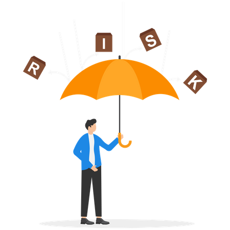 Businessman holding umbrella to protect himself against RISK words  Illustration