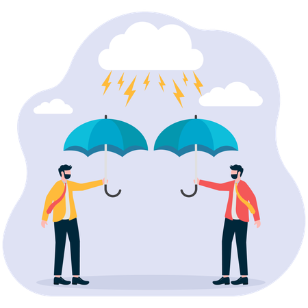 Businessman holding umbrella to resist thunderstorm weather  Illustration