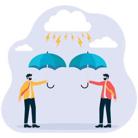 Businessman holding umbrella to resist thunderstorm weather  Illustration