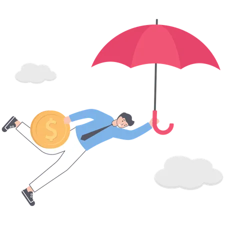 Businessman holding umbrella while protecting money  Illustration