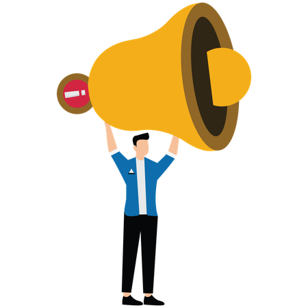 Businessman holding up big bell with red notification on it  Illustration