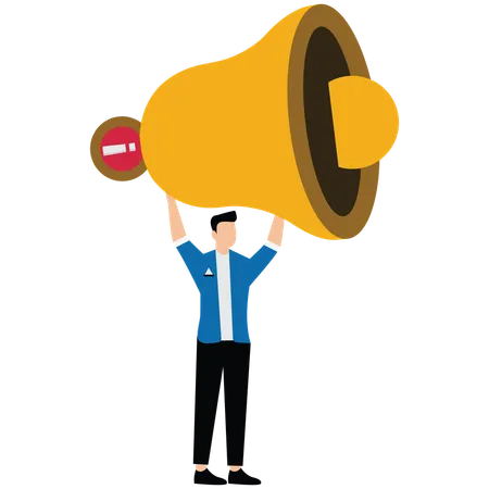 Businessman holding up big bell with red notification on it  Illustration