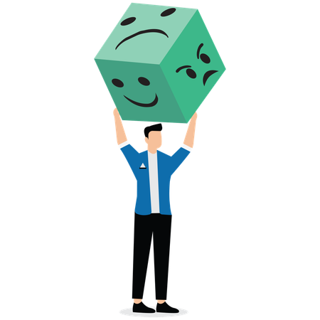 Businessman holding up dice in form of satisfied and angry faces  Illustration