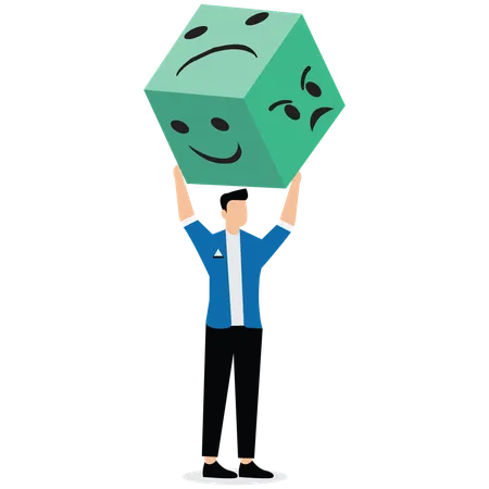 Businessman holding up dice in form of satisfied and angry faces  Illustration