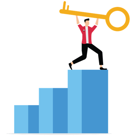 Businessman holding up key on top of podium  Illustration