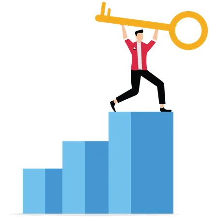 Businessman holding up key on top of podium  Illustration