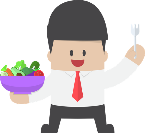 Businessman holding vegetables salad bowl and fork on hand  Illustration