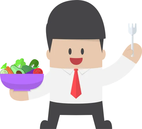 Businessman holding vegetables salad bowl and fork on hand  Illustration