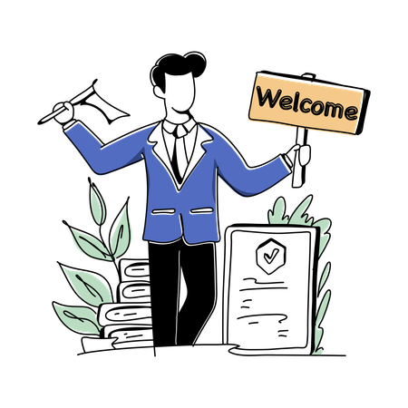 Businessman Holding Welcome Board And Flag  Illustration