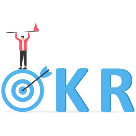 Businessman holding winning flag on target with the work OKR  Illustration