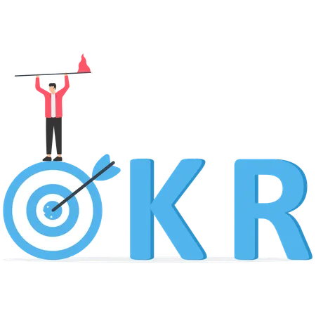 Businessman holding winning flag on target with the work OKR  Illustration