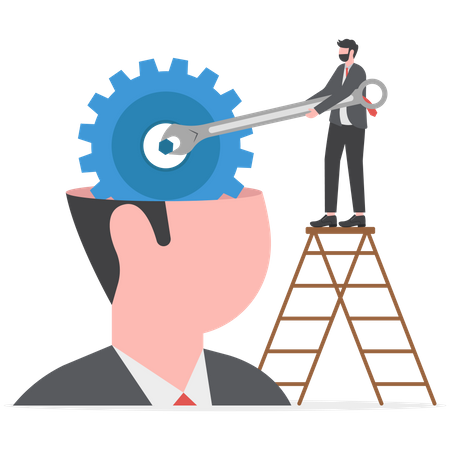 Businessman holding wrench on ladder above giant man open head with gear  Illustration