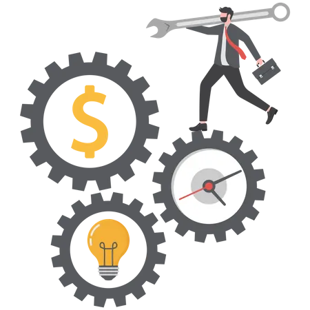 Businessman holding wrench to adjust gear cogwheels setting  Illustration