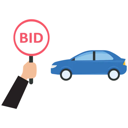 Businessman holds a bid sign for auction a car  Illustration
