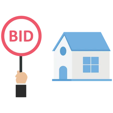 Businessman holds a bid sign for auction a house  Illustration
