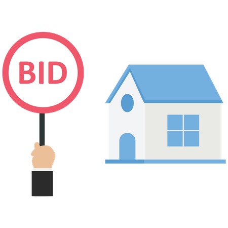 Businessman holds a bid sign for auction a house  Illustration